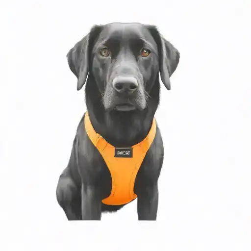 A Black Dog Wearing An Orange Harness