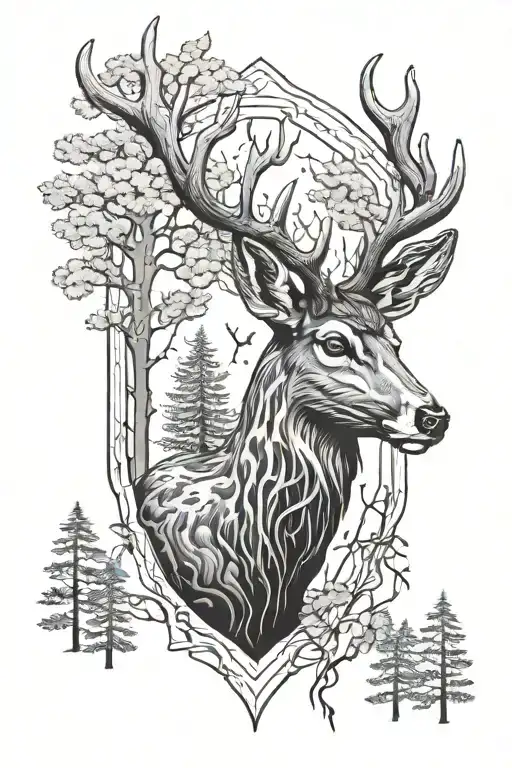 Forest Deer Head With Trees