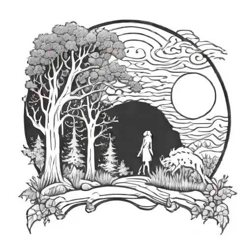 A Captivating Tattoo Of A Moonlit Forest With A Woman And Her Dog Walking Towards The Sky