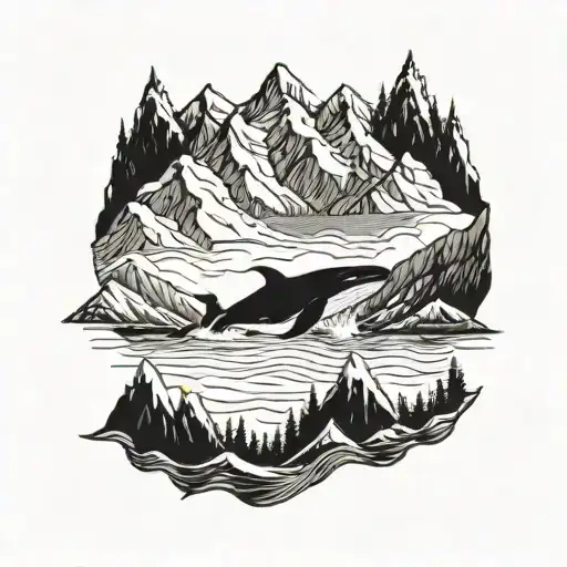 A Majestic Mountain Range With A Whale Swimming Through The Peaks