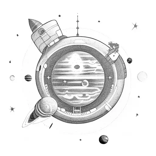 A Minimalist Tattoo Of A Spaceship Orbiting A Planet
