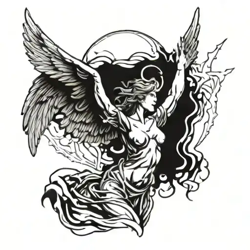 Angel With Open Wings With Lightning From Heaven