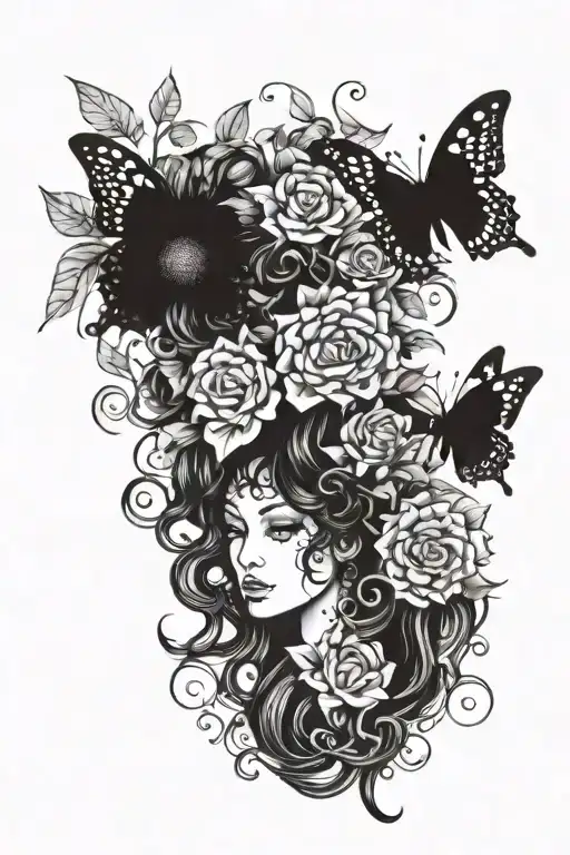 Medusa And Flowers And Butterfly