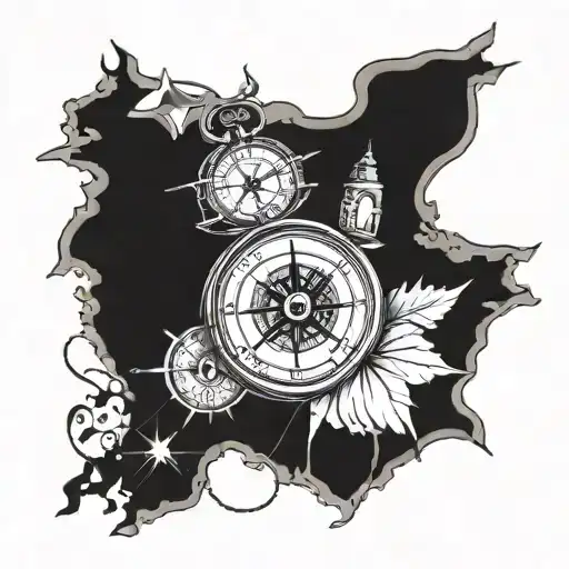 Compass Rose And A Clock On Maps