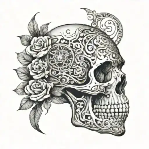 A Skull Made Of Moon Phases Surrounded By Intricate Floral Patterns