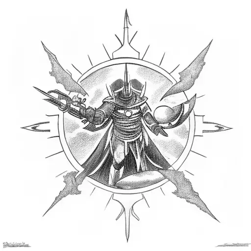 A Black And White Tattoo Of A Sun Knight And A Moon Knight Both With A Star Sword In Their Hands