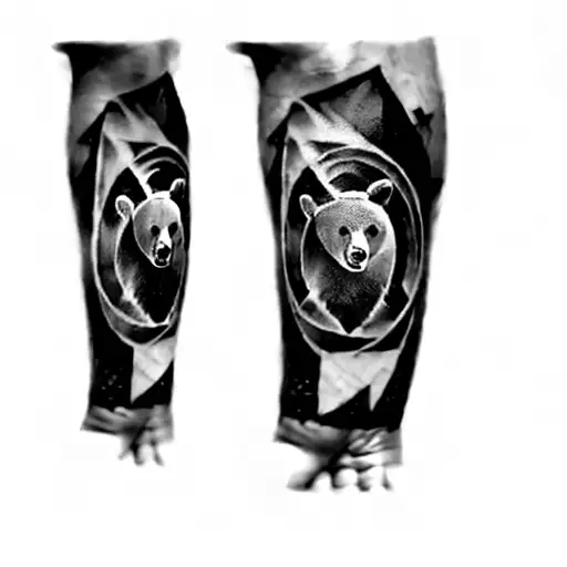 A Bear Looking At Reflection In Water Three Crosses In Background On A Cliff