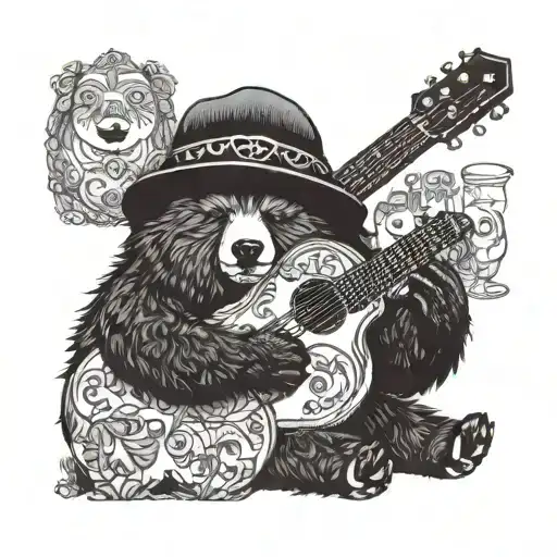 Bear In A Fur Hat With Earflaps With A Balalaika And Vodka With Nesting Dolls