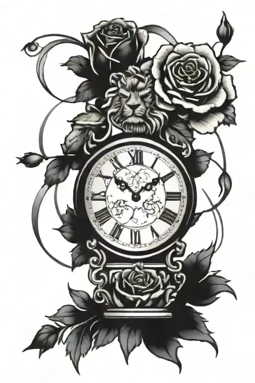 Lion In Clock And Roses Wrapped