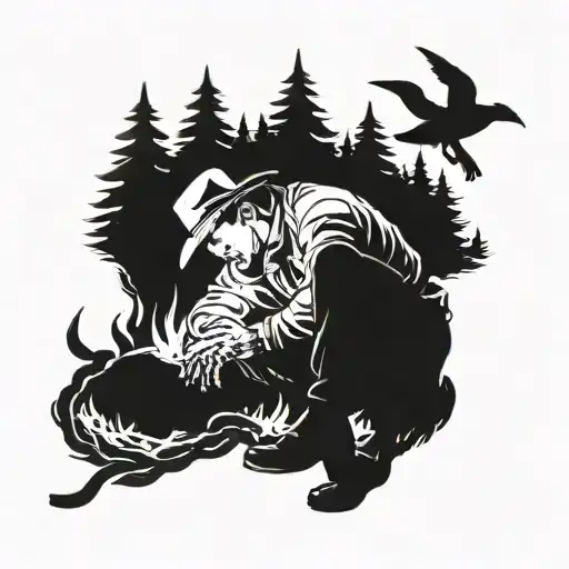 A Cowboy Sleeping Around A Fire In The Forest At Night