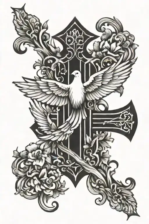 Cross With Dove Wing Tatto Design