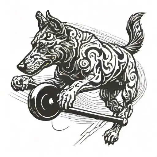 A Stylized Blackwork Tattoo Of A Dog Performing Agility Training