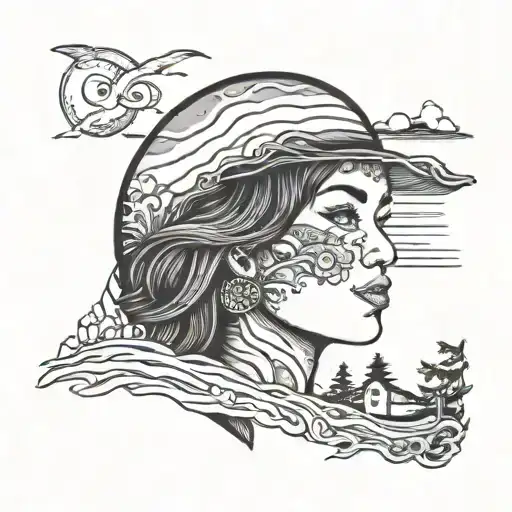 Womans Face With Alaska Scene And Beach Scene Featuring