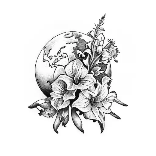 A Dotwork Globe With Gladiolas And Daffodils Marking Your Favorite Travel Destinations