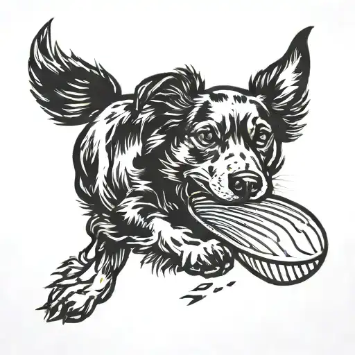 A Blackwork Tattoo Of A Dog Catching A Frisbee In Mid-air During A Game Of Fetch