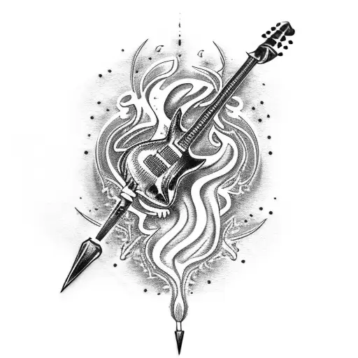 A Dotwork Tattoo Of A Heavy Metal Guitar With Flames Shooting Out From The Strings
