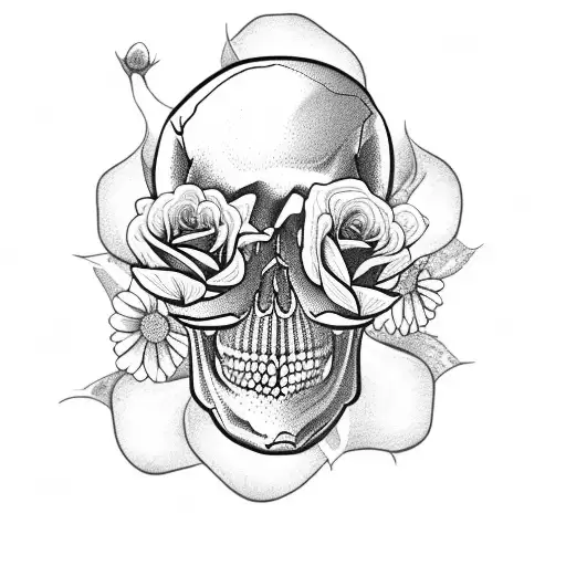 Skull With Rose With Two Daisies With Morning Glory