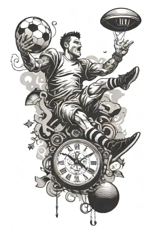 A Football Player Kicking A Clock Into The Sky Surrounded By Musical Instruments