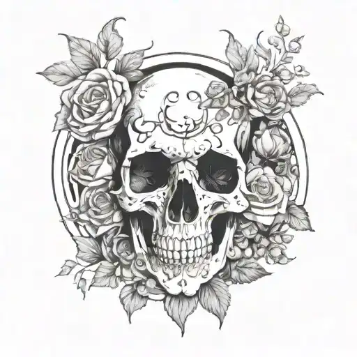 An Elegant Composition Of A Moon Phases Incorporated Into A Floral Wreath Around A Skull