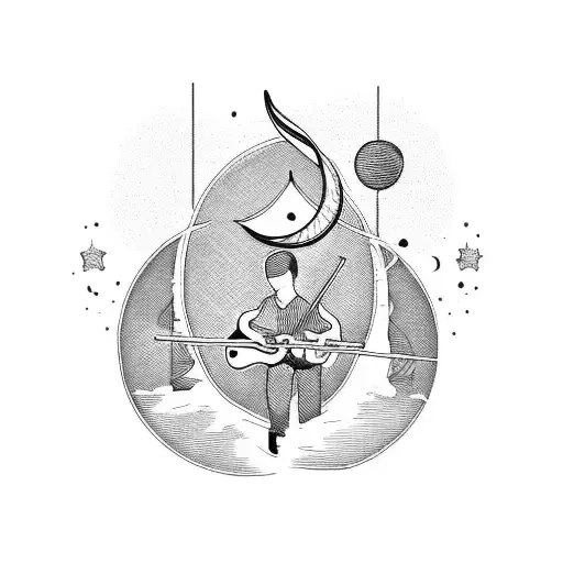 A Blackwork Tattoo Of A Silhouette Of Your Sons Playing Musical Instruments Under A Crescent Moon