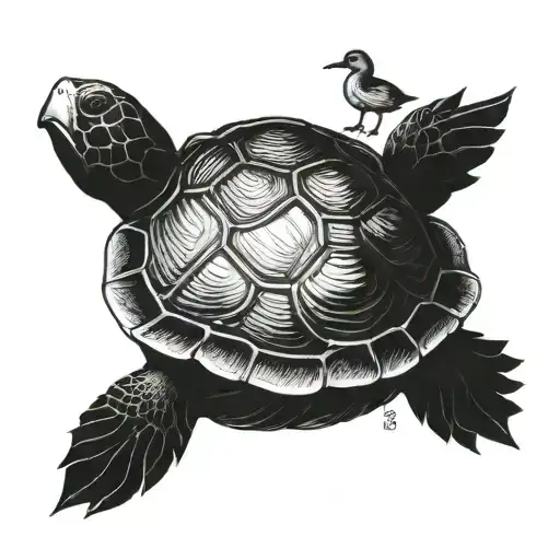 Turtle With A Duck Sitting On Top Of The Turtles Shell