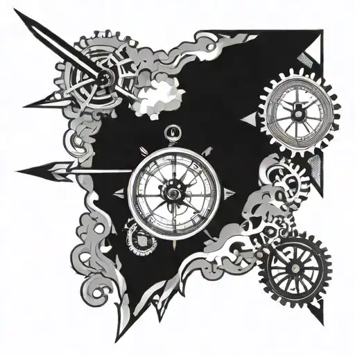 Compass And Watch Clouds With Gears And Arrow Illustration Black Thick Lines