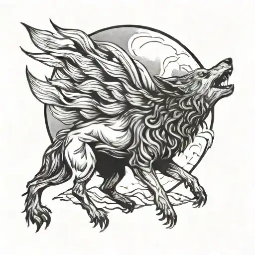 Fenrir Wolf Howling At The Moon With A Crow Perched On Its Back