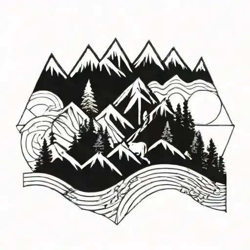 An Abstract Geometric Design Incorporating Mountain Shapes And Cat Silhouettes