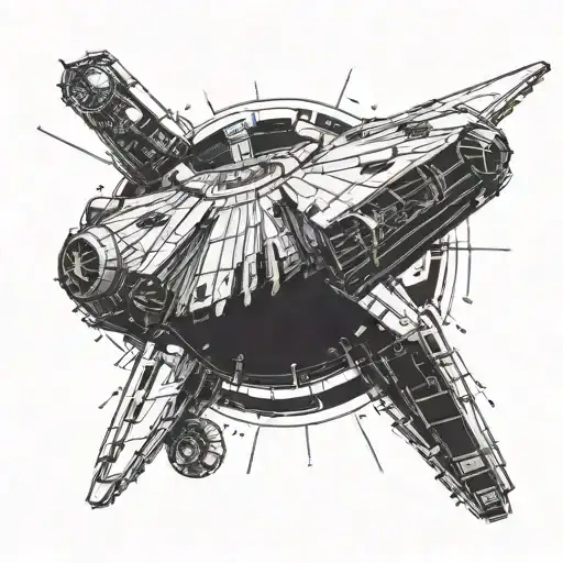 An Abstract Blackwork Design Featuring The Millennium Falcon Flying Through Space