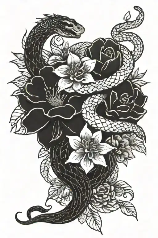 Snake And Flower Tattoo Black Ink On A White Background