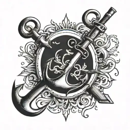 Anchor And A Rifle Inside An Oval Like Marine Style