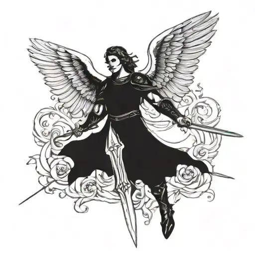Elegant Badas Archangel Michael Sticking Long Sword Into Ground With Wings Spread Out