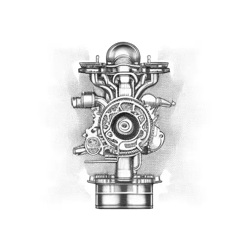 A Detailed Blackwork Tattoo Of A Vintage Car Engine With Intricate Gears And Pistons
