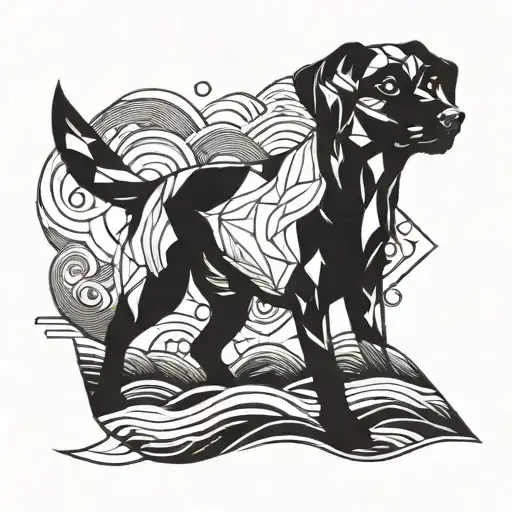 A Geometric Design Incorporating A Dog Silhouette And Swimming Waves