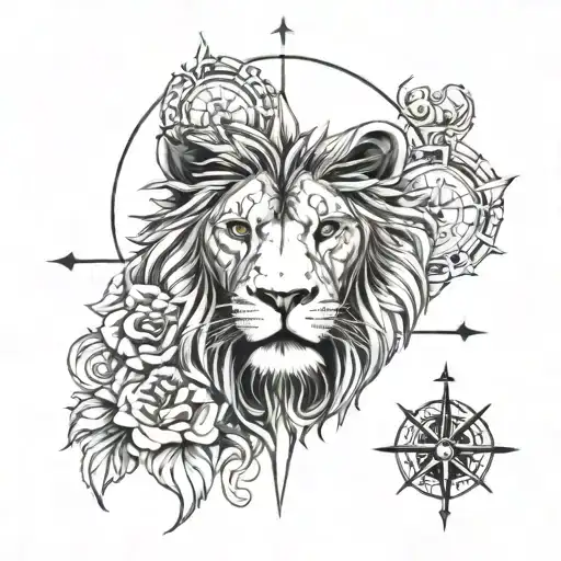 A Lion's Head Intricately Integrated With A Compass Design
