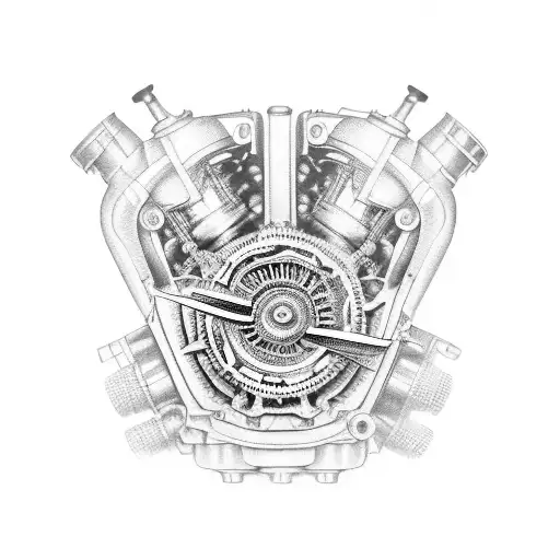 A Detailed Blackwork Tattoo Of A Vintage Car Engine With Intricate Gears And Pistons