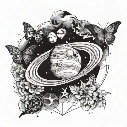 A Celestial Scene With Saturn Surrounded By Phases Of The Moon And Butterflies