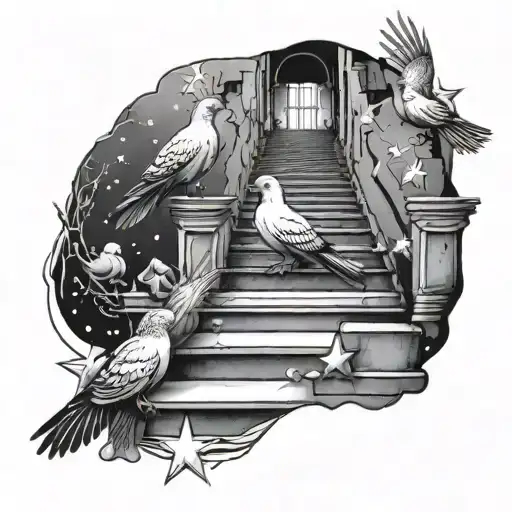A Stairway To Heaven With A Few Pigeons And Stars
