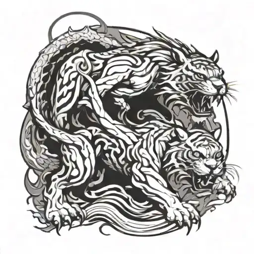 A Tattoo Design Combining A Tiger And A Dragon In A Fierce Battle Scene