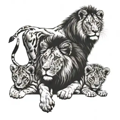 Lion With 2 Lion Cubs