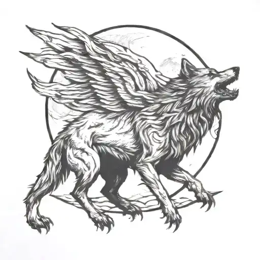 Fenrir Wolf Howling At The Moon With A Crow Perched On Its Back