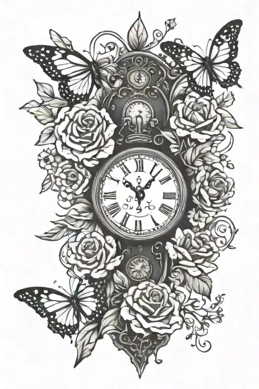 Cross With Flowers And Time Clock Behind It And Butterflies