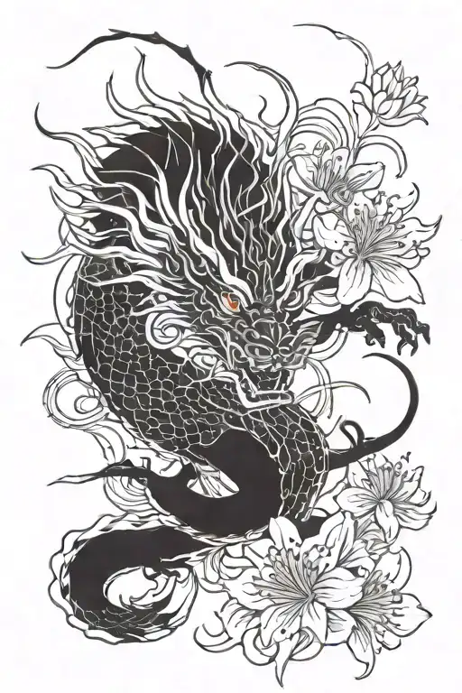 Japanese Dragon With Spider Lily Flower