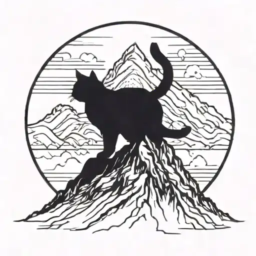 A Majestic Mountain Range With A Silhouette Of A Cat Perched On The Highest Peak