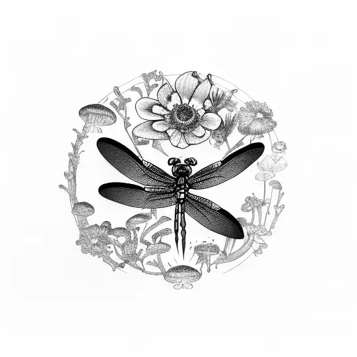 Dragonfly With Flowers And Mushrooms And Plants And A Frog