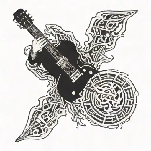 A Guitarist Shredding On A Guitar Made Of Dinosaur Bones With Occult Symbols Engraved On It