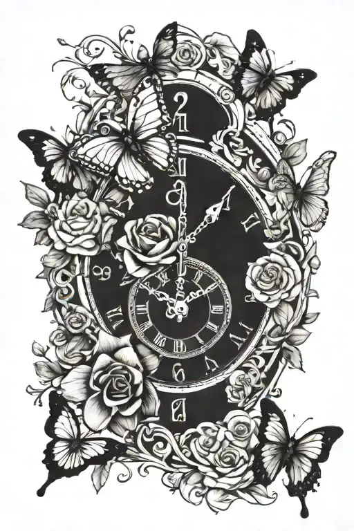 Cross With Flowers And Time Clock Behind It And Butterflies