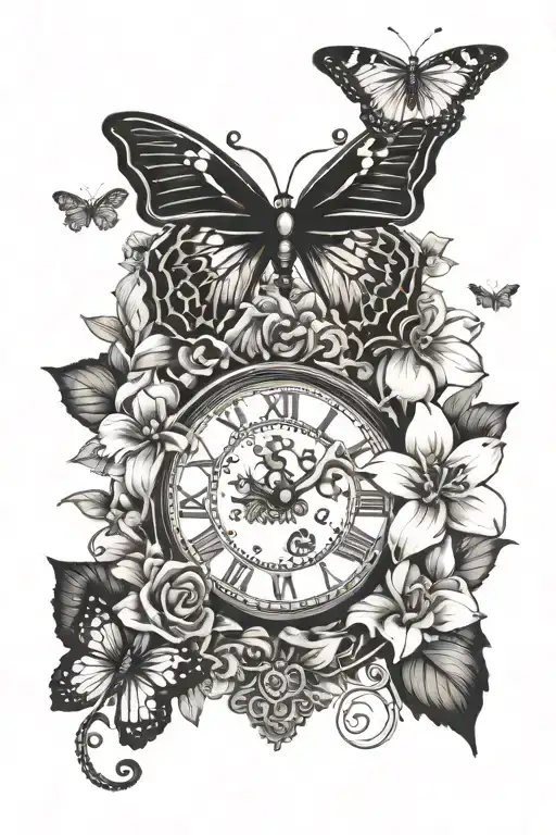 Cross With Flowers And Time Clock Behind It And Butterflies