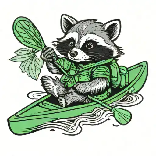 Cartoon Raccoon Wearing A Green Backpack And Paddling A Canoe