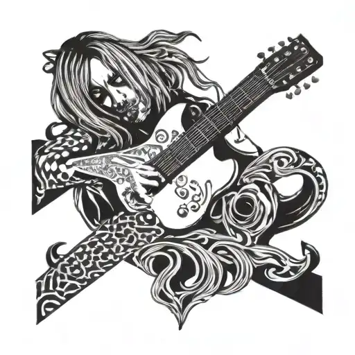 A Dotwork Design Of Kurt Cobain's Face Morphing Into A Guitar Neck